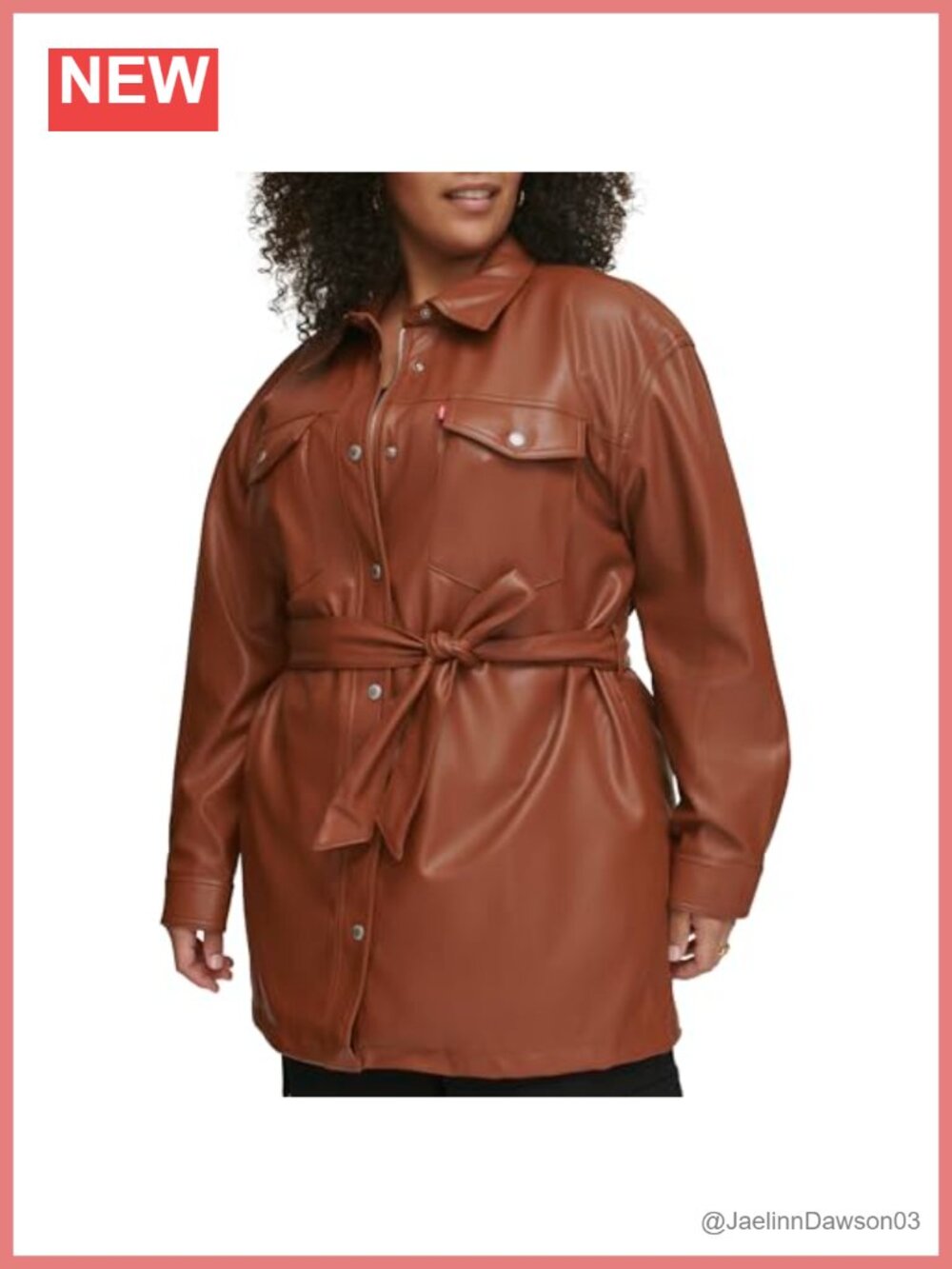 Faux Leather Belted Shirt Jacket Zip Snap Pockets